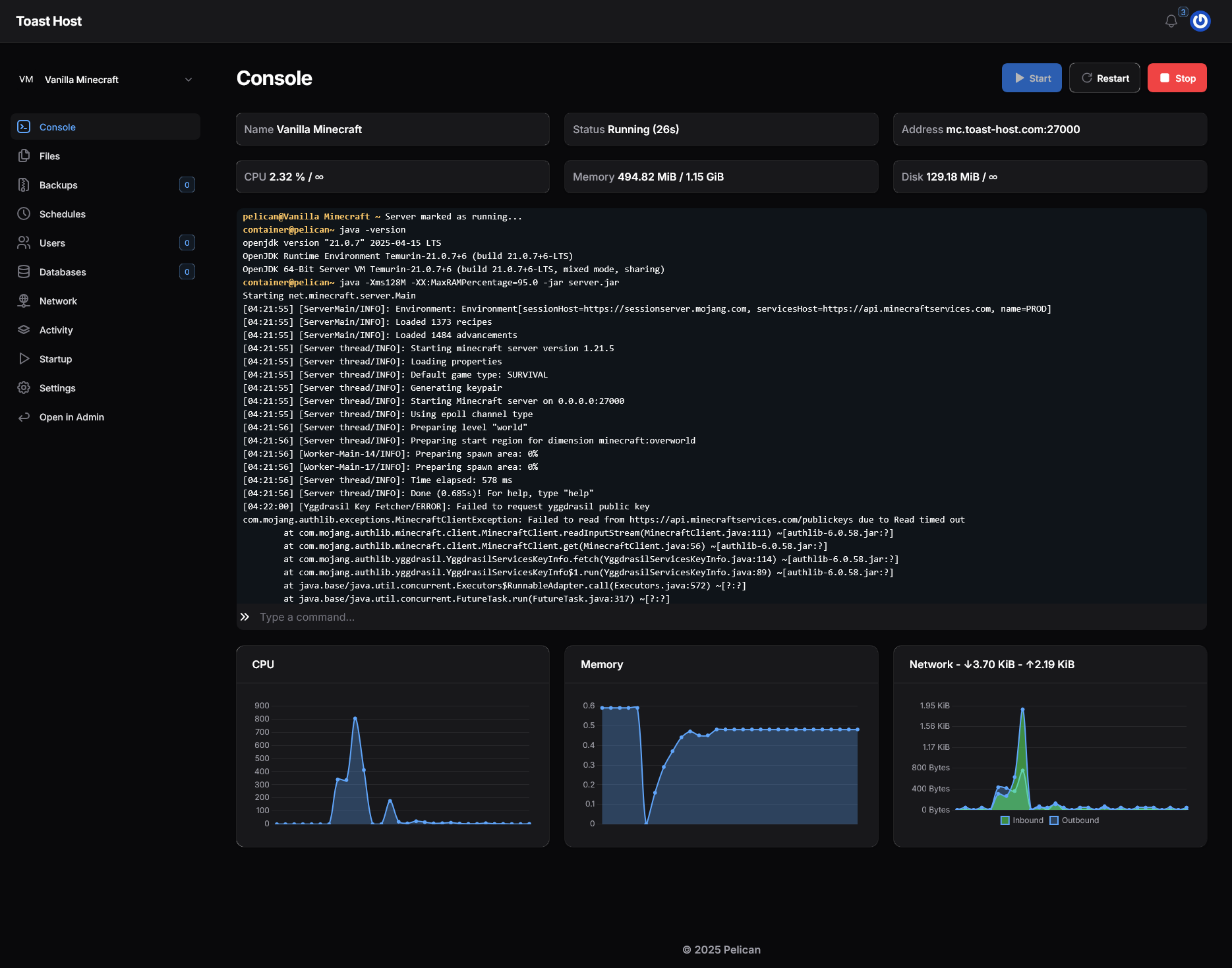 Toast Host server console screen